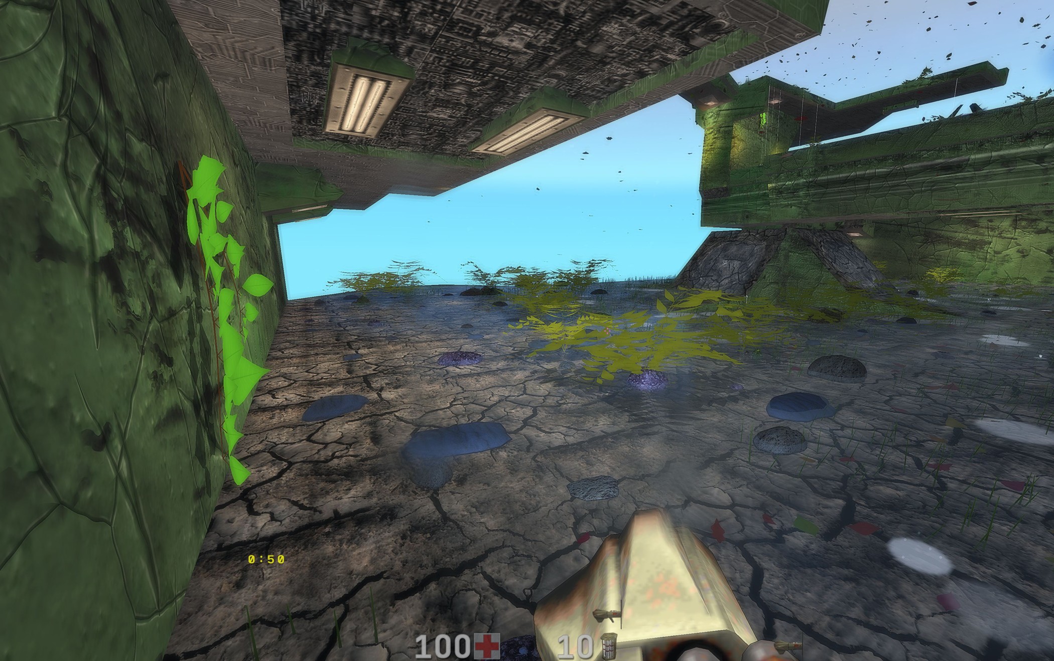 Знакомая архитектура Quake II с новым окружением. Геометрия карты остаётся основой, а дополнительные материалы и растительность должны с ней согласоваться.